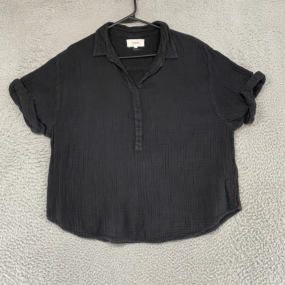 Xirena Gauze Blouse Womens Large Black Short Sleeve Collared Pullover Boxy Top